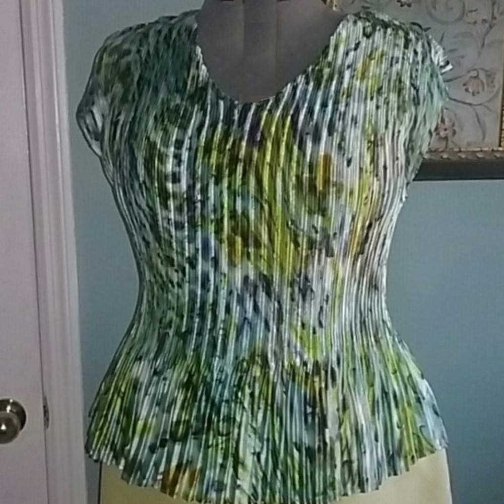 Multi Greens/Blue Yellow Stretch Pleated Blouse